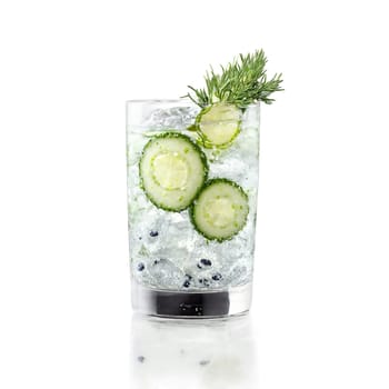Cucumber gin and tonic with lime twist and juniper berries floating above Food and culinary. Food isolated on transparent background.