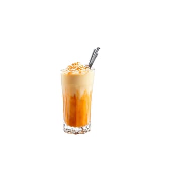 Thai iced tea with condensed milk pouring and mixing in slow motion Food and culinary. Food isolated on transparent background.