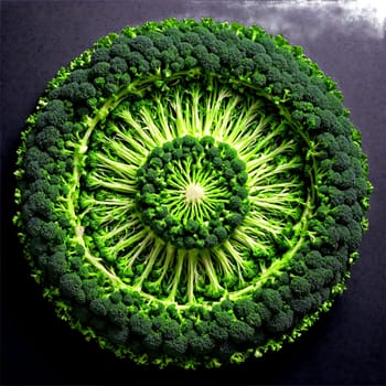 Broccoli Sprout Mandala tiny green broccoli sprouts arranged in a hypnotic mandala stems delicately intertwined. Food isolated on transparent background.