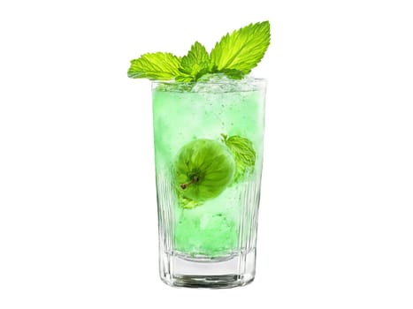Gooseberry soda in a cocktail glass gooseberries and mint leaves vibrant green splash in. Drink isolated on transparent background.