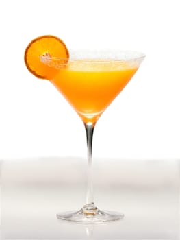 Tangerine Dream Vibrant orange cocktail in a coupe glass garnished with a slice of tangerine. Drink isolated on transparent background.