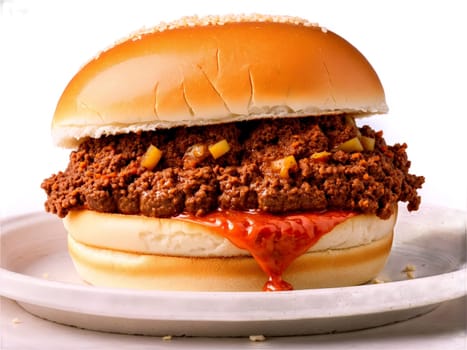 Sloppy Joes Seasoned ground beef simmered in sweet and tangy tomato sauce served on soft. Food isolated on transparent background.
