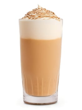 Malaysian Teh Tarik in clear glass with swirl of milk and few ice cubes. Drink isolated on transparent background.