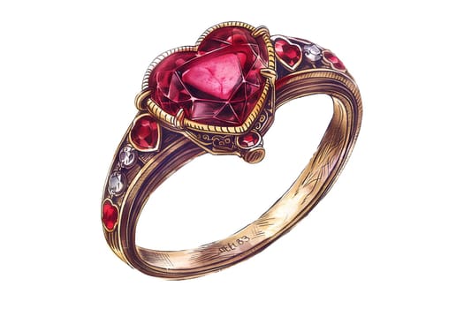 Vintage retro illustration of golden ring with a heart shaped stone in the centers