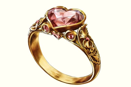 Vintage retro illustration of golden ring with a heart shaped stone in the centers