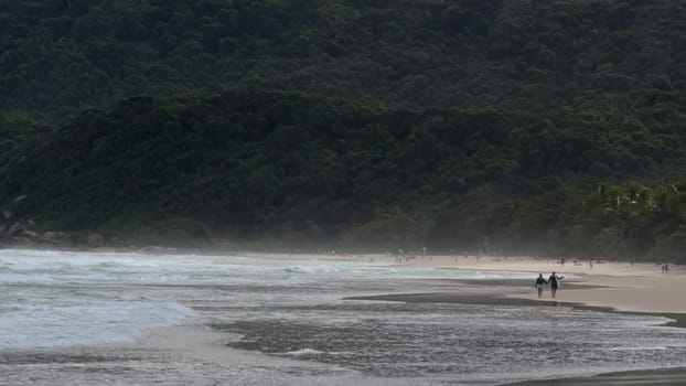 Slow-motion video of people strolling at Lopes Mendes beach, Brazil, enjoying the sand, nature, and beautiful landscape, with couples in love.