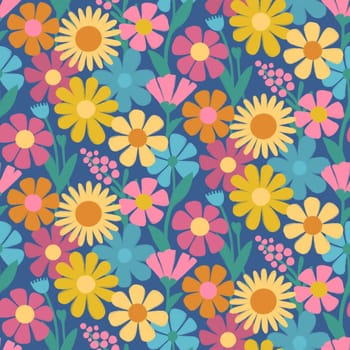 Vibrant floral pattern with stylized yellow daisies, pink, red, blue and purple flowers, green leaves and stems in a repeating vertical design on deep blue background with a playful, retro aesthetic.