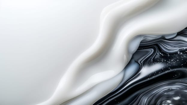 A close-up image of white cream swirling over a black and white background. The cream has a smooth texture and appears to be flowing. black and white swirls, creates dramatic contrast - Generative AI