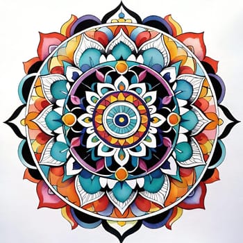 Colorful Mandala Pattern. It shows a colorful mandala pattern consisting of leaf-like shapes in colorful tones, arranged symmetrically on the background. It is a perfect choice for decorative art and design projects.