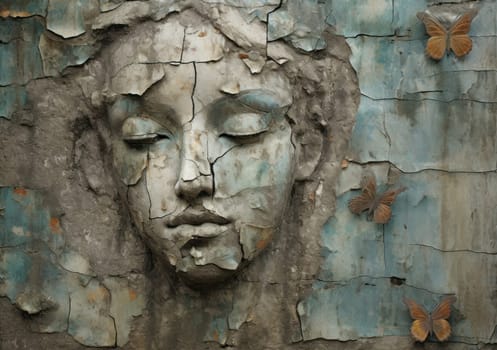 A serene angel's face is etched on a weathered wall, surrounded by crumbling paint and exposed brick