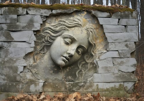 A serene angel's face is etched on a weathered wall, surrounded by crumbling paint and exposed brick