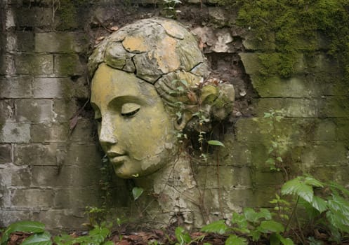 A serene angel's face is etched on a weathered wall, surrounded by crumbling paint and exposed brick