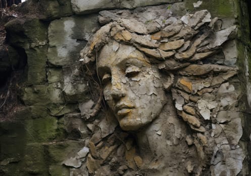 A serene angel's face is etched on a weathered wall, surrounded by crumbling paint and exposed brick