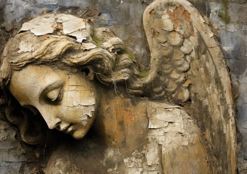 A serene angel's face is etched on a weathered wall, surrounded by crumbling paint and exposed brick