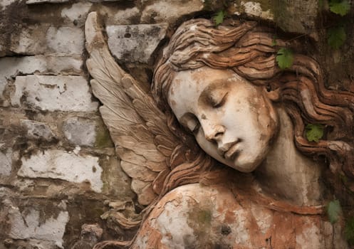 A serene angel's face is etched on a weathered wall, surrounded by crumbling paint and exposed brick