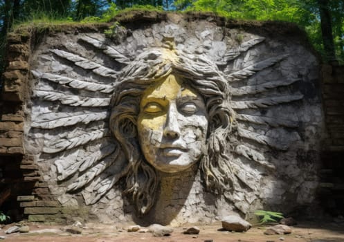 A serene angel's face is etched on a weathered wall, surrounded by crumbling paint and exposed brick