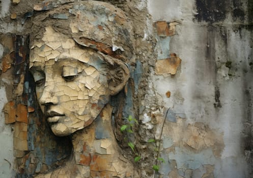 A serene angel's face is etched on a weathered wall, surrounded by crumbling paint and exposed brick