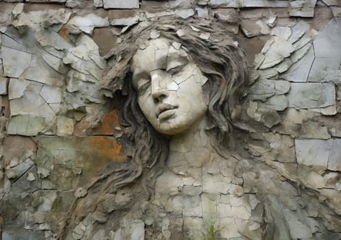 A serene angel's face is etched on a weathered wall, surrounded by crumbling paint and exposed brick