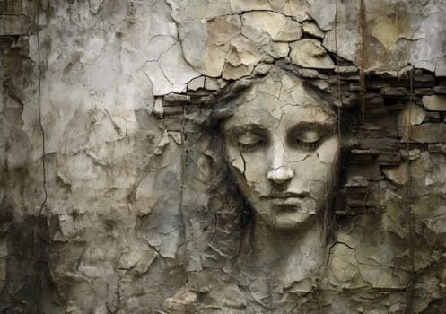 A serene angel's face is etched on a weathered wall, surrounded by crumbling paint and exposed brick