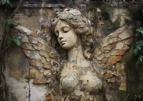 A serene angel's face is etched on a weathered wall, surrounded by crumbling paint and exposed brick