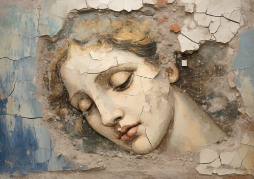 A serene angel's face is etched on a weathered wall, surrounded by crumbling paint and exposed brick