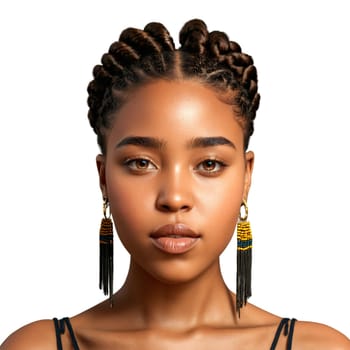 Young African woman with braided updo and tribal earrings adorable face pleasing eyes delighting mouth. Essence of diverse femininity. Woman isolated on transparent background.