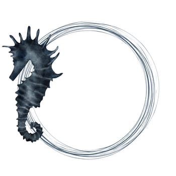 Seahorse watercolor round frame. Hand drawn blue sea animal as frame on isolated white background. Clip art of sea creature on isolated white background. Ideal for cosmetics packaging and bathroom textiles. High quality illustration