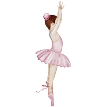 Ballerina watercolor. Hand drawn incredible girl dancer in pink tutu skirt. Clip art on isolated white background of cute ballet beauty. Perfect for poster and cards, princess daughter room design. High quality illustration