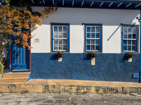 Vibrant blue and white house exterior adorned with colorful flowers and vintage design elements.