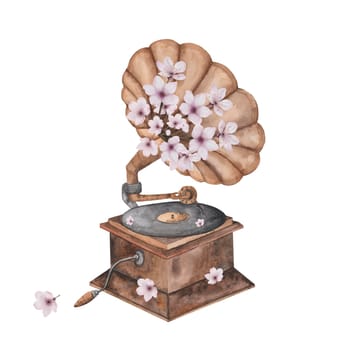 Gramophone watercolor. Hand drawn vintage musical instrument on isolated white background. Clip art of record player with pink flowers. Ideal for postcards, educational cards and poster. High quality illustration