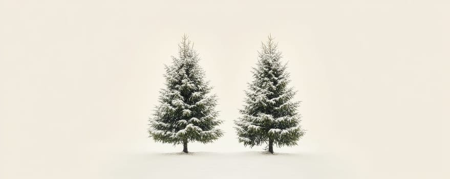 Two snow-covered pine trees on white background.