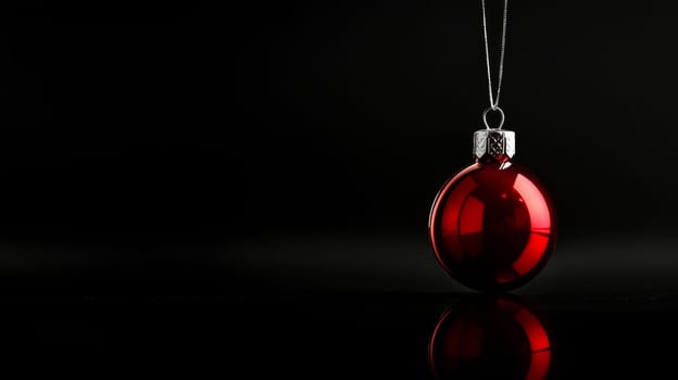 Red christmas ornament on black background, festive decor concept.