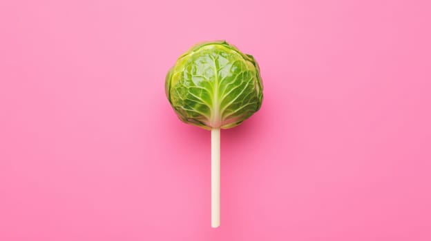 Brussels sprout on a stick against pink background, creative food concept.