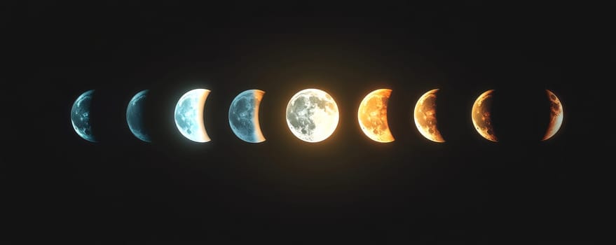 Phases of the moon in a dark sky, celestial cycle. Astronomy and lunar phases concept.