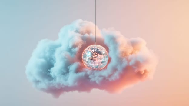 Cloud with hanging disco ball, surreal art concept.