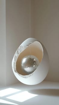 Hanging disco ball inside cracked egg sculpture in minimal interior.
