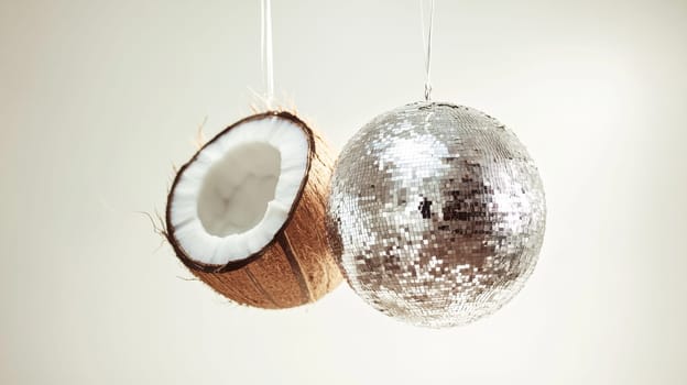 coconut and disco ball hanging side by side, creative concept.