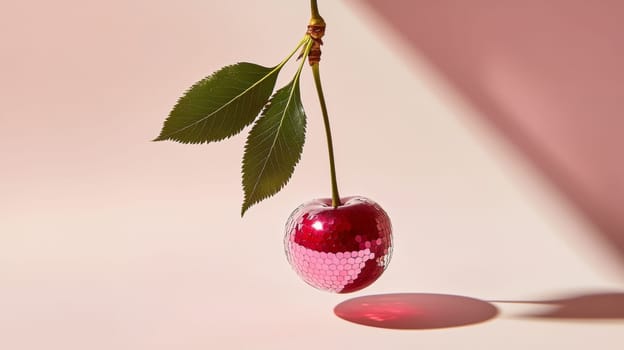 Cherry with sequins on stem, creative fruit art. Conceptual photography and vibrant design.
