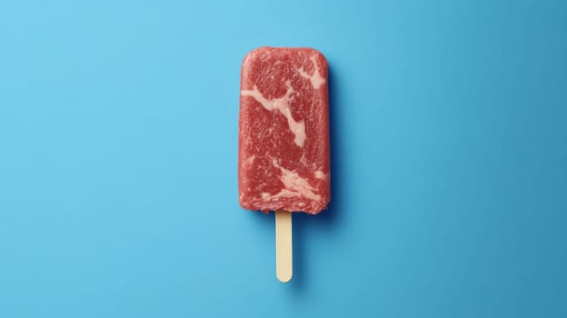Frozen meat ice pop on blue background, creative concept. Surreal food art and humor concept.