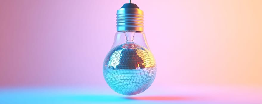 Light bulb with disco ball inside, colorful lighting. Creative design and innovation concept.