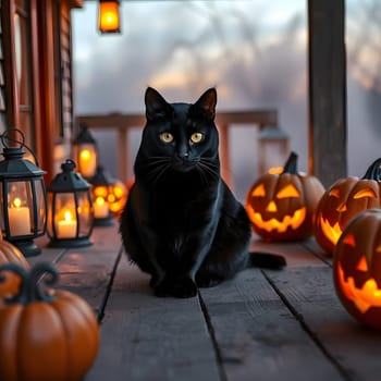 A black cat rests on a wooden porch surrounded by glowing jack-o'-lanterns and lanterns, creating a cozy autumn atmosphere as twilight sets in during Halloween festivities.