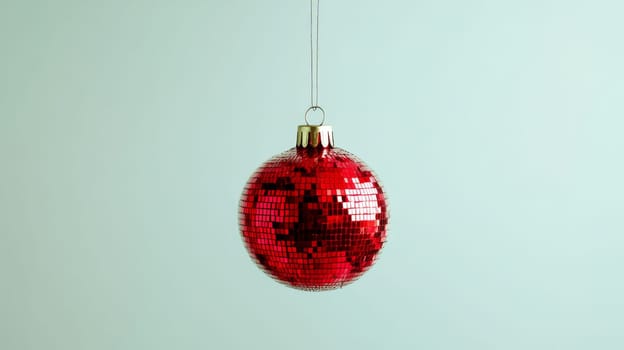Red mirrored disco ball ornament on light green background, festive decoration concept.