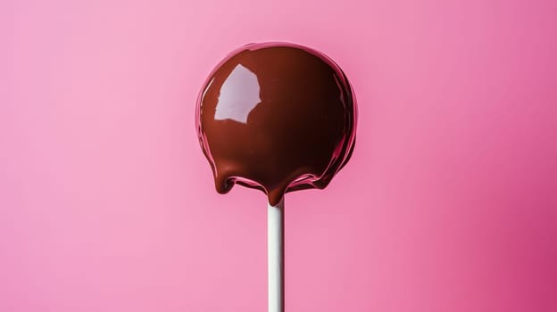 Chocolate lollipop on pink background, minimalist dessert concept.