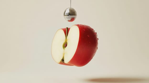 Sliced red apple with disco ball reflection, creative still life concept.