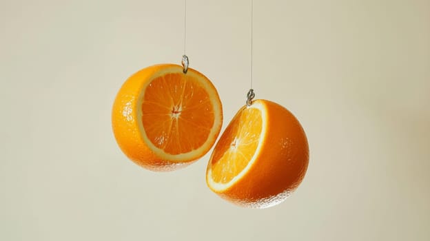 oranges sliced in half hanging against a soft background. creative food concept.