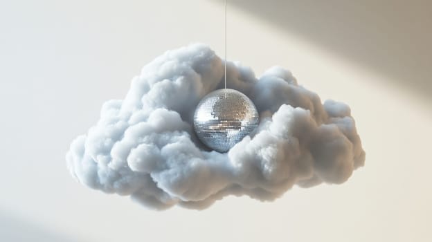 Floating cloud with disco ball, surreal concept.
