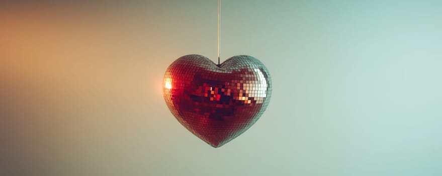 Red disco ball heart on gradient background.