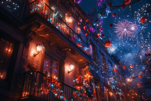 Families gather together, marveling at vibrant lights and colorful fireworks above a beautifully decorated urban street, filled with joy and wonder.