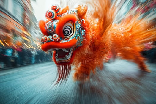 A striking lion dance captivates onlookers with colorful costumes and energetic movement, celebrating culture and tradition in a bustling urban locale.