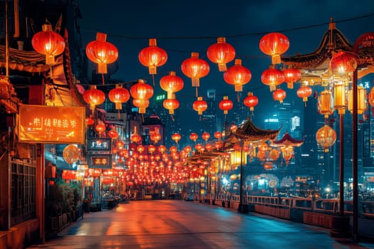 The bustling streets come alive with a sea of red lanterns, illuminating the night during a festive celebration in a vibrant city. The atmosphere buzzes with tradition and joy.
